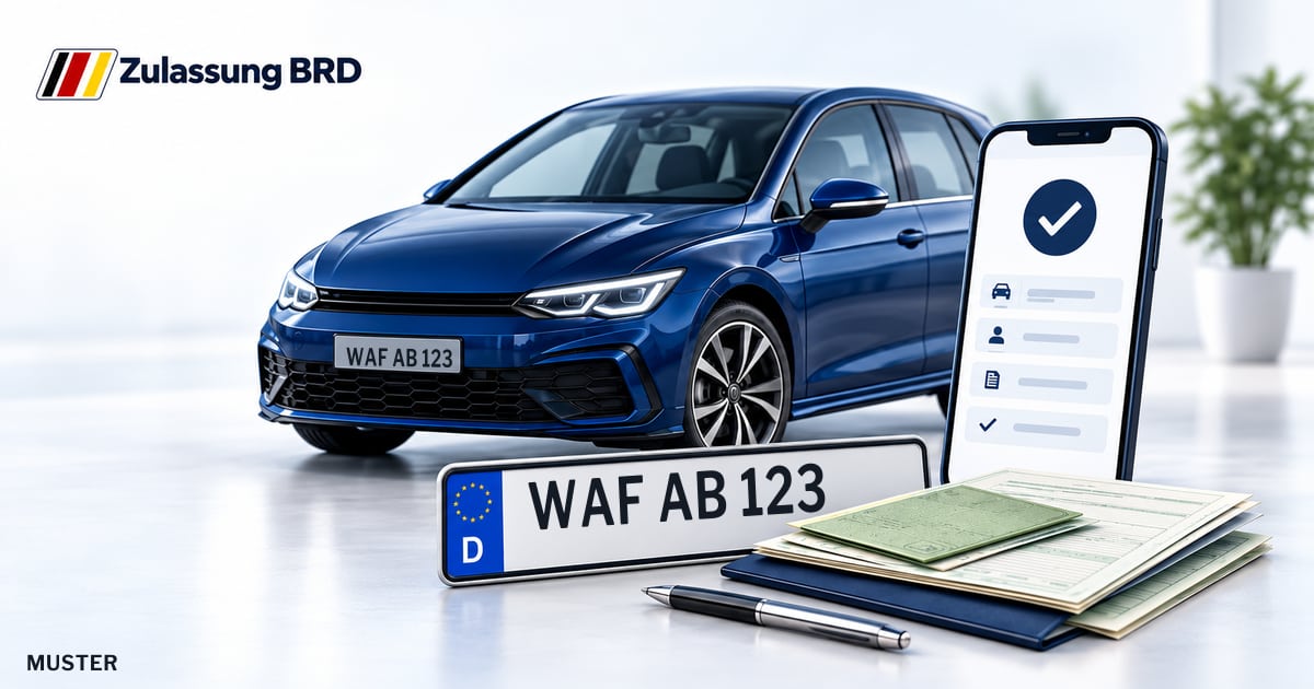 Online Fahrzeugzulassung in Ennigerloh: Musterkennzeichen WAF AB 123, Auto und Fahrzeugpapiere und Smartphone. Illustration mit Logo von Zulassung BRD.